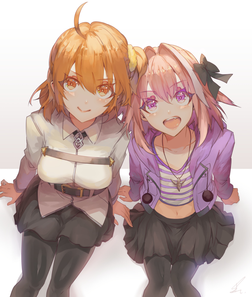 1boy 1girl :d ahoge astolfo_(fate) belt black_bow black_legwear black_ribbon black_skirt bow casual chaldea_uniform crop_top fang fate/apocrypha fate/grand_order fate_(series) fujimaru_ritsuka_(female) hair_between_eyes hair_intakes hair_ornament hair_ribbon hair_scrunchie head_to_head highres jacket jewelry looking_at_viewer multicolored_hair necklace one_side_up open_mouth orange_eyes orange_hair pantyhose pink_hair purple_eyes purple_jacket ribbon saihate_(d3) scrunchie side-by-side side_ponytail sitting skirt smile streaked_hair trap white_jacket yellow_scrunchie