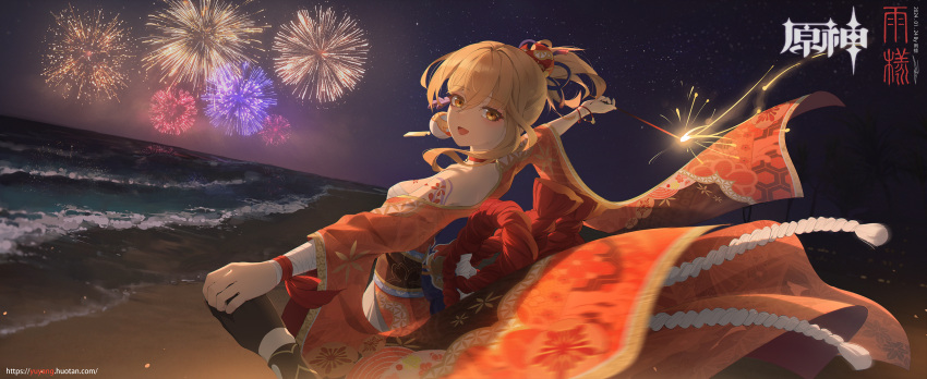 1girl absurdres ame999 arm_tattoo backlighting bandaged_arm bandages blonde_hair bracelet breast_tattoo breasts chinese_clothes choker commentary_request fireworks genshin_impact hadanugi_dousa hair_ornament highres holding_hands japanese_clothes jewelry kimono looking_at_viewer medium_breasts night night_sky open_mouth orange_eyes orange_kimono ponytail red_choker sarashi sky smile solo_focus tattoo yoimiya_(genshin_impact)
