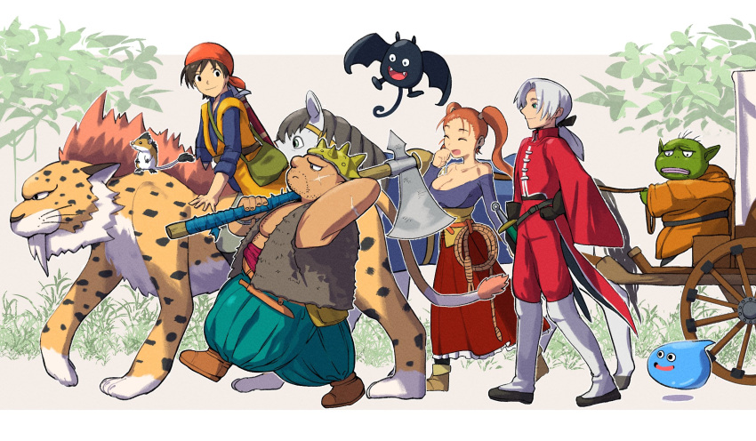 :d alternate_form axe bandana bat_(animal) belt black_gloves boots border breasts brown_footwear brown_hair cleavage closed_eyes closed_mouth colored_skin commentary_request dracky dragon_quest dragon_quest_viii floating gloves green_bag green_skin hamster hero_(dq8) highres holding holding_axe horse jacket jessica_albert knee_boots kukuru_(dq8) large_breasts letterboxed long_skirt mane medaman medea medium_hair munchie_(dq8) open_mouth orange_bandana orange_hair outdoors pants red_jacket red_pants red_skirt sabretooth_tiger sheath sheathed shoes skirt slime_(dragon_quest) smile sword tail trode twintails walking weapon whip whiskers white_border white_footwear white_hair yangus