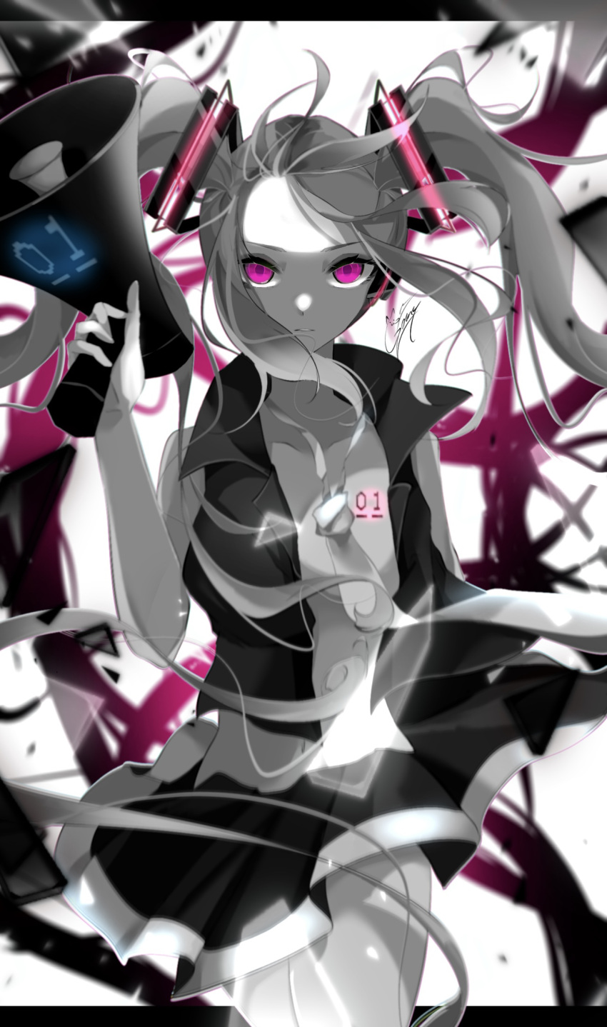 1girl artist_name bare_arms bare_shoulders chest_tattoo goma_irasuto greyscale hatsune_miku highres holding holding_megaphone looking_at_viewer megaphone monochrome parted_lips partially_colored pink_eyes skirt sleeveless solo tattoo twintails vocaloid