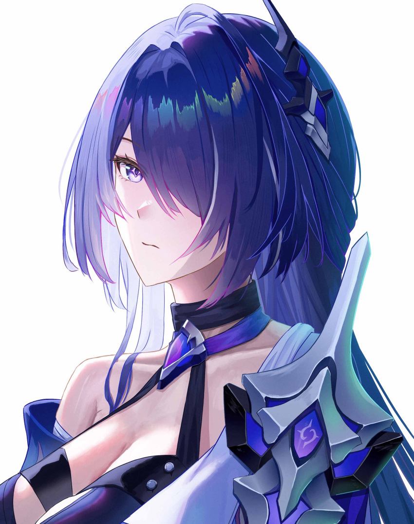 1girl absurdres acheron_(honkai:_star_rail) armor bandaged_arm bandages black_choker breasts choker cleavage closed_mouth collarbone crop_top detached_sleeves furiasu hair_ornament hair_over_one_eye highres honkai:_star_rail honkai_(series) large_breasts long_hair long_sleeves looking_at_viewer purple_eyes purple_hair shoulder_armor simple_background single_bare_shoulder solo upper_body white_background