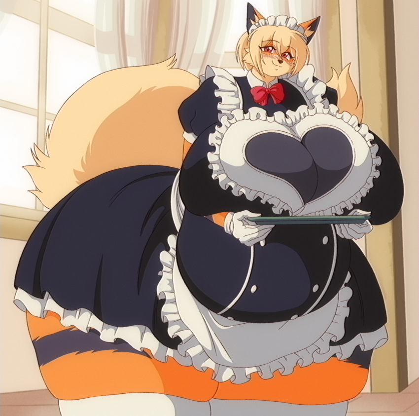 anthro apron arcanine big_breasts black_clothing black_dress black_nose breasts clothing curtains curvy_figure dress female fenrir_brown fur generation_1_pokemon hair hi_res holding_plate huge_breasts huge_thighs hyper hyper_breasts hyper_hips hyper_thighs inside legwear looking_at_viewer maid_headdress maid_uniform nintendo orange_body orange_fur pokemon pokemon_(species) raised_tail red_eyes short_hair smile solo squish standing tail thick_thighs thigh_squish uniform voluptuous white_clothing white_legwear wide_hips window