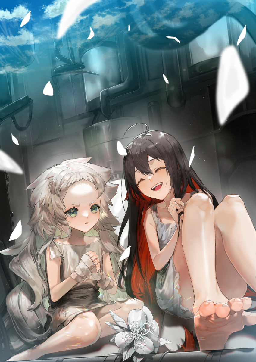 2girls absurdres ahoge alchemy_stars bandaged_head bandages bare_legs barefoot black_hair closed_eyes dawn_(alchemy_stars) dress eve_(alchemy_stars) flower green_eyes highres industrial_pipe laboratory large_forehead long_hair multicolored_hair multiple_girls open_mouth rags red_hair rib322 shiny_skin sitting smile soles teeth toes two-tone_hair upper_teeth_only very_long_hair white_dress white_flower white_hair yokozuwari