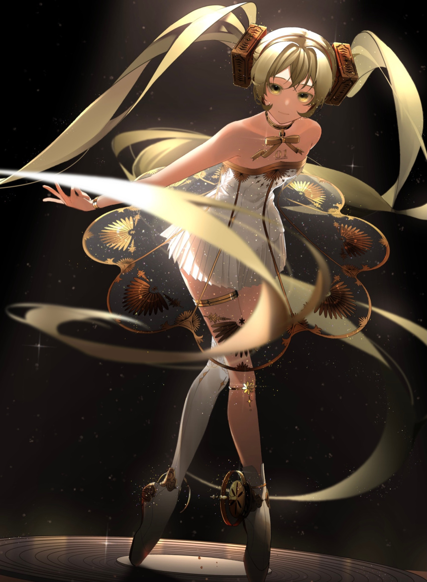 05_ruri 1girl absurdly_long_hair armlet asymmetrical_legwear ballerina ballet ballet_slippers bare_shoulders black_background bracelet chest_tattoo choker dress en_pointe english_commentary floating_hair full_body gold_choker gold_ribbon gold_trim gramophone_miku green_eyes green_hair hair_ornament hatsune_miku highres jewelry knee_strap light_smile long_hair miku_symphony_(vocaloid) neck_ribbon outstretched_arms record ribbon see-through see-through_skirt single_thighhigh skirt solo sparkle strapless strapless_dress tattoo thigh_strap thighhighs twintails very_long_hair vocaloid white_dress white_footwear white_thighhighs