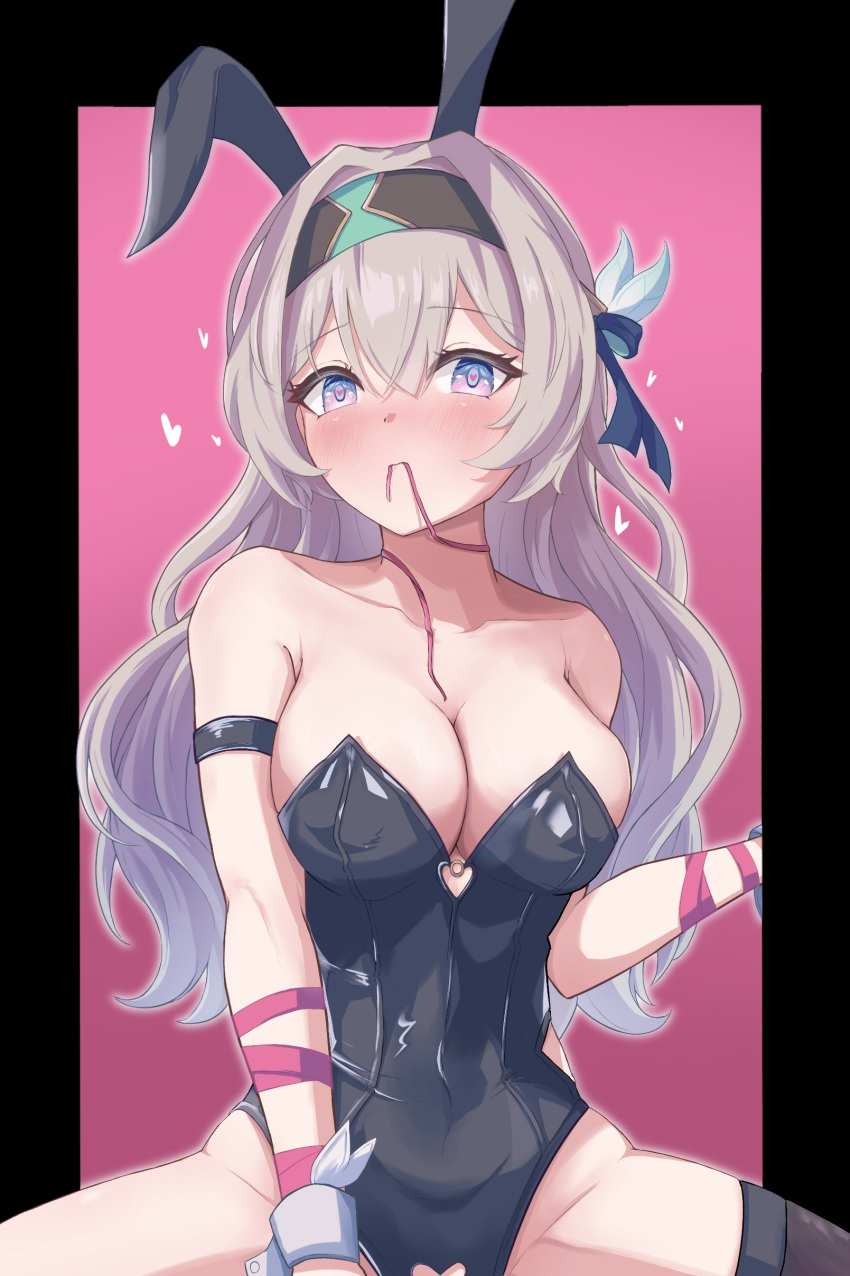 1girl absurdres animal_ears breasts collarbone firefly_(honkai:_star_rail) grey_hair heart heart-shaped_pupils highres honkai:_star_rail honkai_(series) mouth_hold playboy_bunny rabbit_ears ribbon sitting string_in_mouth symbol-shaped_pupils tefutefufu white_hair
