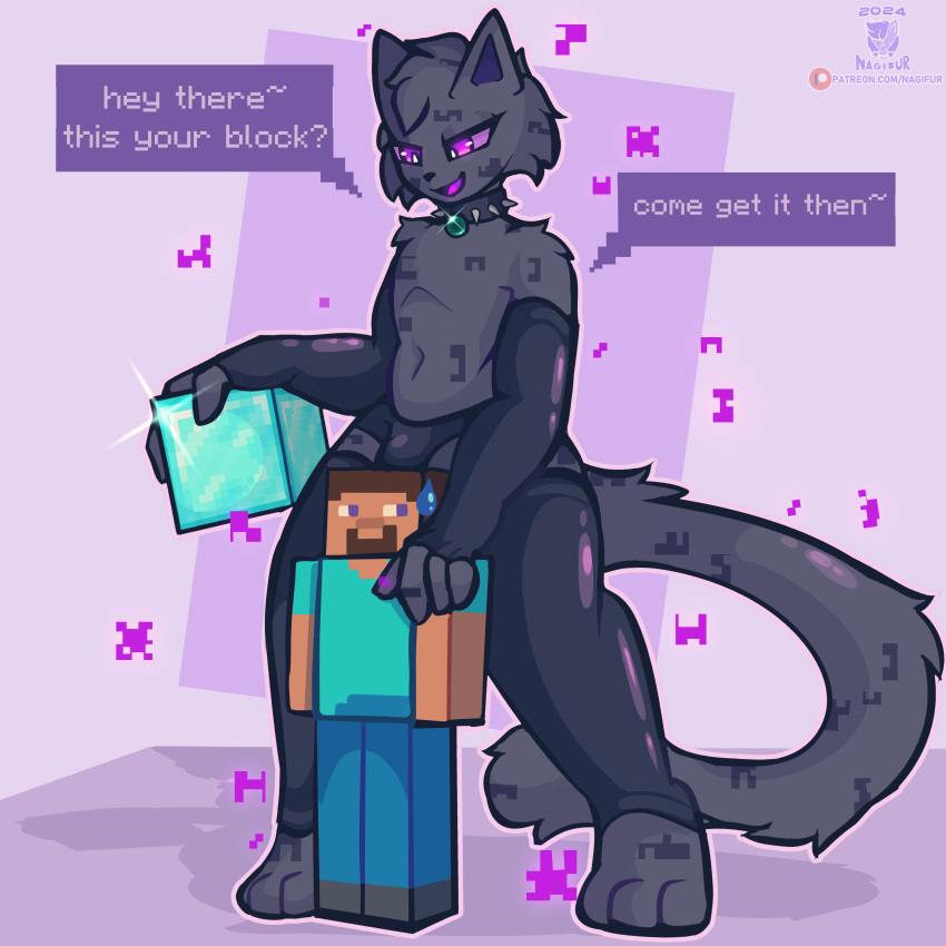 1:1 absurd_res anthro biped black_body blue_eyes clothed clothing digital_media_(artwork) duo enderman english_text hair hi_res humanoid larger_male male mammal microsoft minecraft mojang nagifur purple_eyes size_difference square_(anatomy) steve_(minecraft) tail taunting text xbox_game_studios