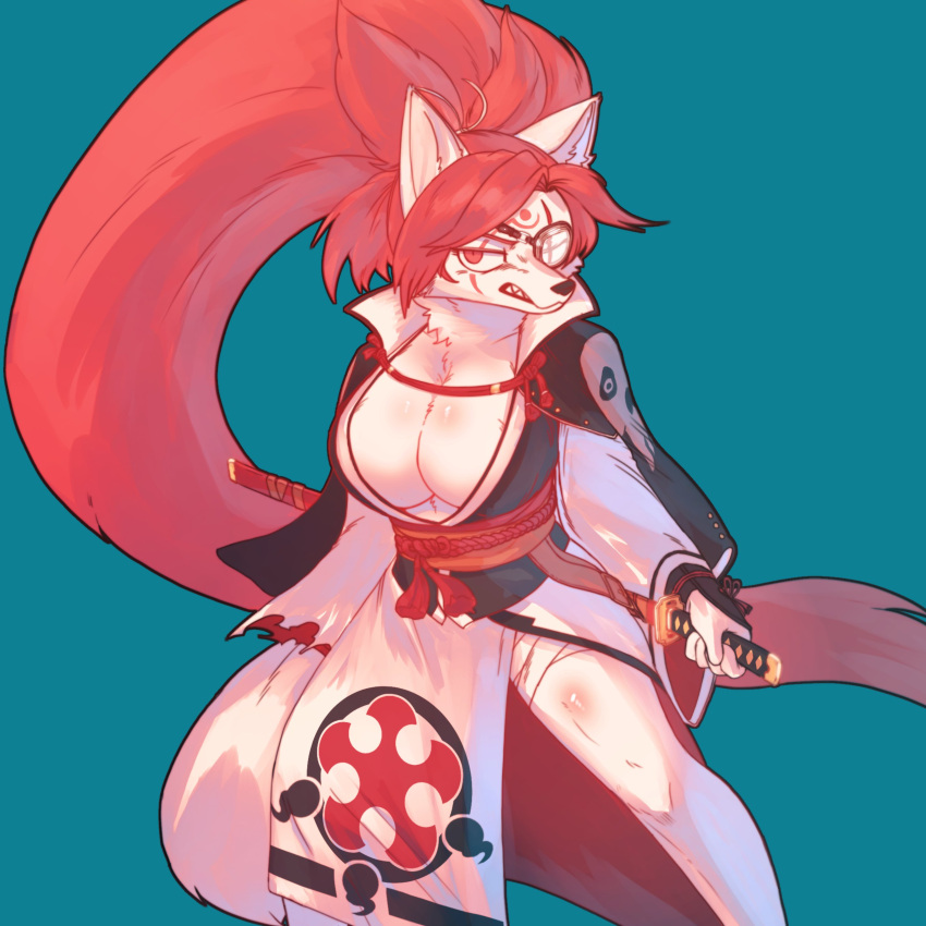 1_eye absurd_res alternate_species anthro arc_system_works asian_clothing baiken bared_teeth big_breasts breasts canid canine canis cleavage clothed clothing digital_media_(artwork) east_asian_clothing eye_patch eyewear female fur fur_markings furrification furryjuana guilty_gear hair hi_res japanese_clothing katana kimono long_hair looking_at_viewer mammal markings melee_weapon one_arm ponytail red_eyes red_hair scar solo standing sword weapon wolf