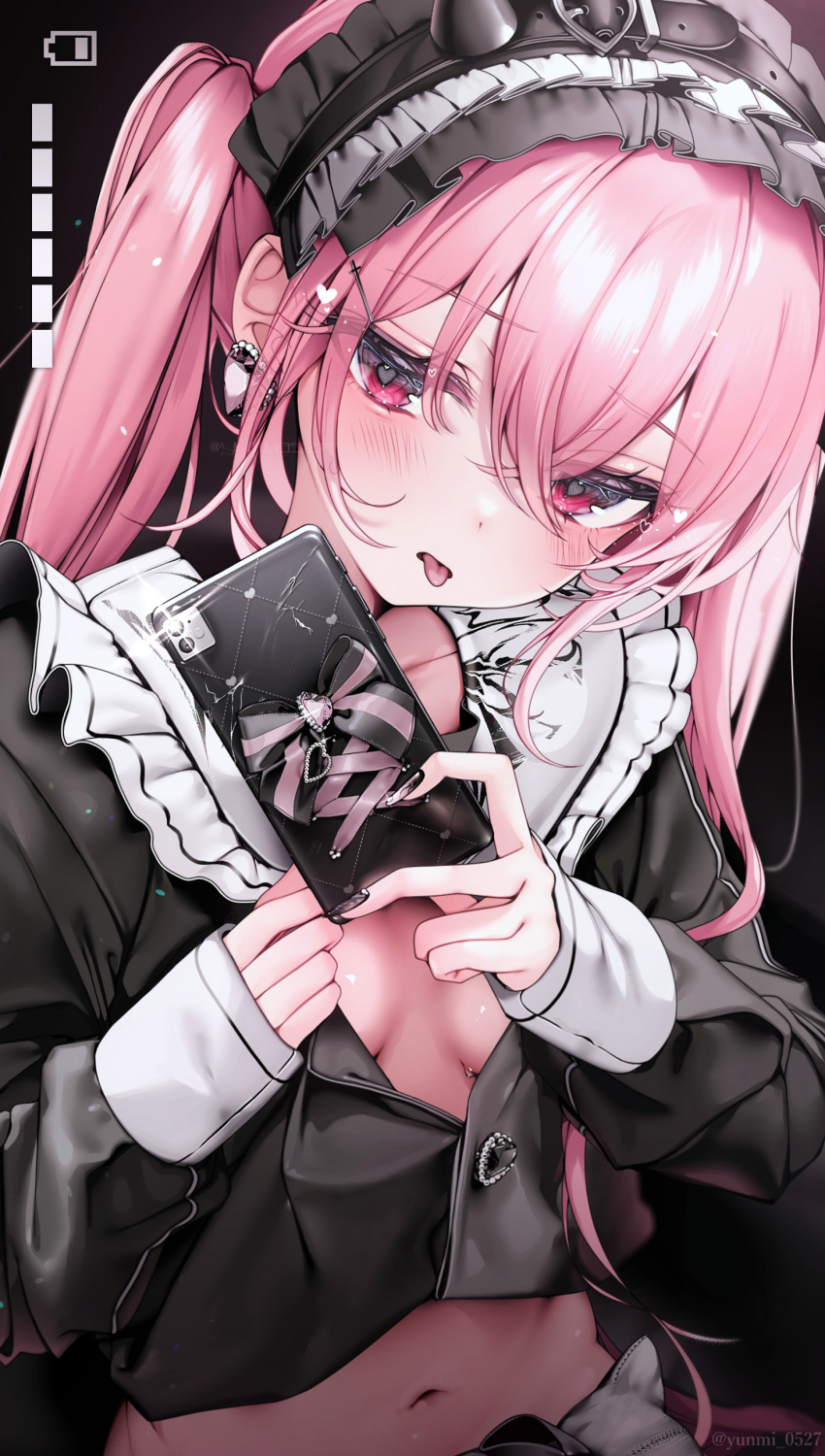 1girl :p absurdres black_shirt blush breasts cellphone collared_shirt crop_top earrings embarrassed hairband heart heart-shaped_pupils heart_earrings highres holding holding_phone jewelry lolita_hairband long_hair looking_at_viewer navel no_bra original phone pink_eyes pink_hair shirt small_breasts smartphone solo symbol-shaped_pupils tongue tongue_out twintails unbuttoned upper_body yunmi_0527