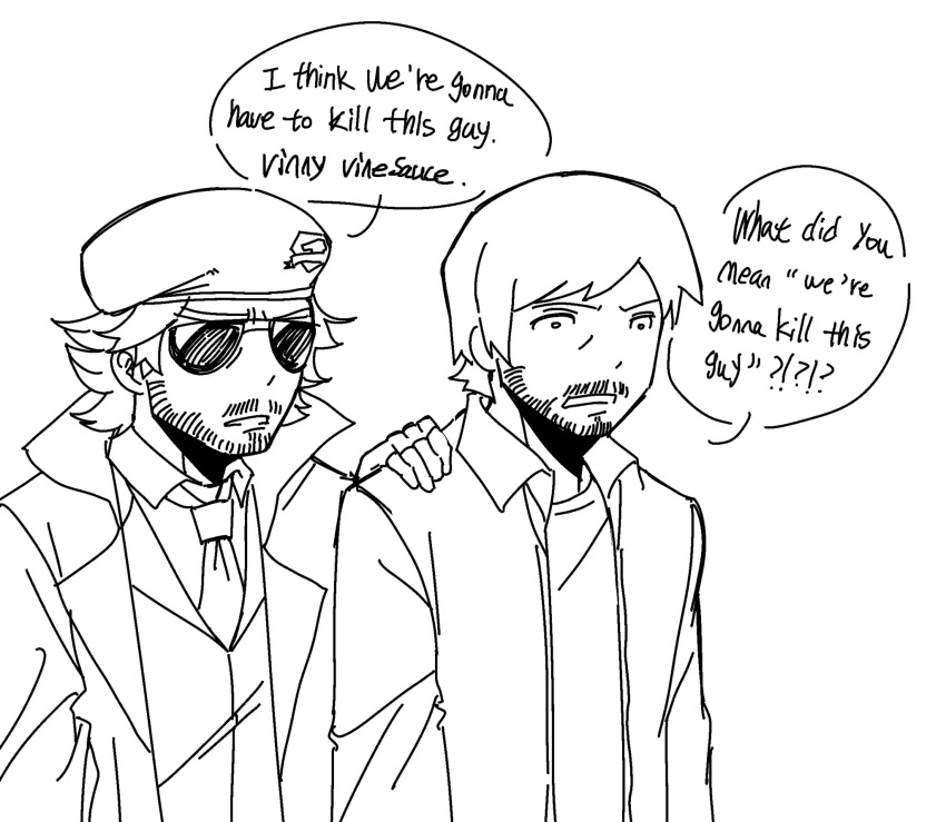 2boys beard_stubble beret diamond_dogs english_text facial_hair fingerless_gloves gloves goatee_stubble hand_on_another's_shoulder hat highres i_think_we're_gonna_have_to_kill_this_guy_steven_(meme) jacket kazuhira_miller long_sleeves male_focus meme metal_gear_(series) metal_gear_solid_v:_the_phantom_pain monochrome multiple_boys necktie parted_lips sh4 shirt short_hair simple_background speech_bubble stubble sunglasses vinesauce vinny_(vinesauce) white_background