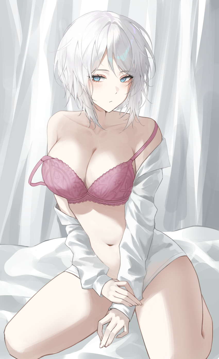 1girl :/ absurdres bare_legs bare_shoulders blue_eyes blush bottomless bra breasts cleavage closed_mouth collarbone curtains eonyan_(chaeyang) faust_(project_moon) full_body highres holding_own_arm large_breasts legs_apart limbus_company long_sleeves looking_at_viewer navel off_shoulder on_bed open_clothes open_shirt pink_bra project_moon seiza shirt short_hair sidelocks sitting solo stomach strap_slip underwear white_hair white_shirt
