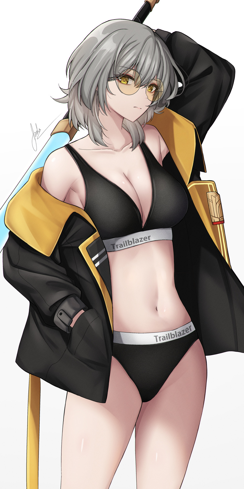 1girl absurdres alternate_costume alternate_hairstyle aoikito_lavender086 bare_shoulders baseball_bat black_jacket black_sports_bra breasts cleavage commentary english_commentary grey_hair hand_in_pocket highres honkai:_star_rail honkai_(series) jacket looking_at_viewer navel short_hair simple_background solo sports_bikini sports_bra stelle_(honkai:_star_rail) sunglasses thighs trailblazer_(honkai:_star_rail) white_background yellow_eyes