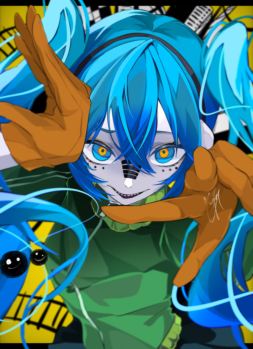 1girl absurdres alternate_costume aqua_eyes aqua_hair commentary evil_smile facepaint facial_mark gloves goma_irasuto green_track_suit hair_between_eyes hatsune_miku headphones highres jacket long_hair looking_at_viewer matryoshka_(vocaloid) open_mouth orange_gloves shaded_face sidelocks sideways signature smile solo track_jacket track_suit twintails very_long_hair vocaloid yellow_background yellow_pupils