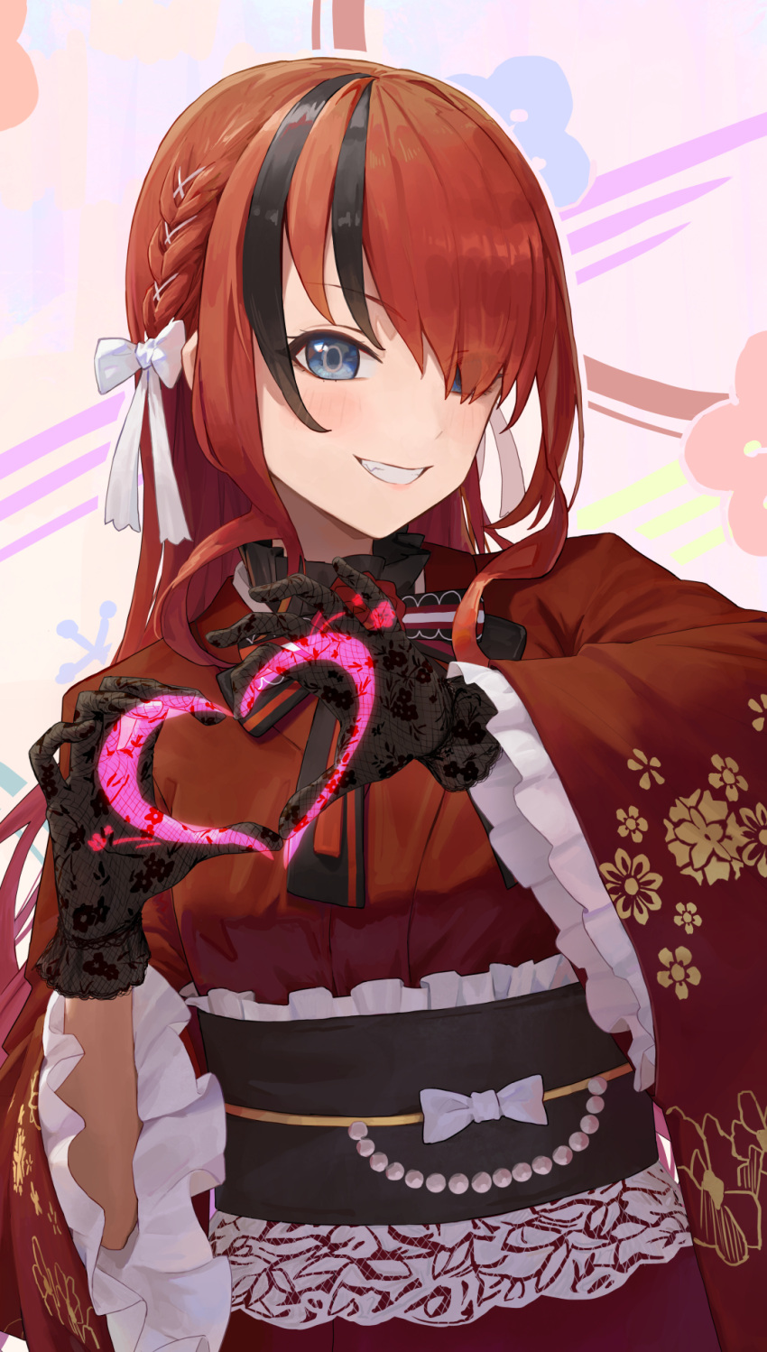 1girl black_hair black_sash blue_eyes bow braid flower french_braid frilled_sash frilled_sleeves frills gloves grin hair_bow hair_over_one_eye heart heart_hands highres japanese_clothes kimono lace lace_gloves lain_paterson lain_paterson_(5th_costume) long_hair looking_at_viewer multicolored_hair naxile nijisanji obi official_alternate_costume red_flower red_hair red_kimono sash smile solo streaked_hair very_long_hair virtual_youtuber white_bow wide_sleeves