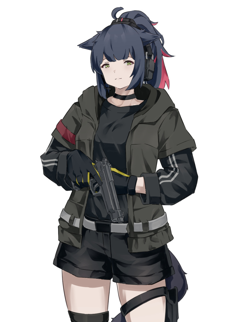 1girl ahoge animal_ears arknights beretta_92 black_choker black_gloves black_shirt black_shorts cat_ears cat_girl cat_tail choker commentary ears_down gloves green_eyes grey_jacket gun handgun headset high_ponytail highres holding holding_gun holding_weapon hood hood_down hooded_jacket jacket jessica_(arknights) knee_pads long_hair long_sleeves microphone multicolored_hair mutugorou_u open_clothes open_jacket pink_hair purple_hair shirt shorts sidelocks simple_background single_knee_pad solo tail thigh_strap thighs trigger_discipline two-tone_hair weapon white_background