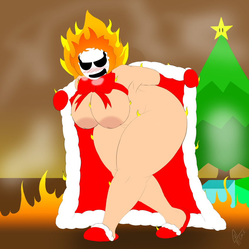 absurd_res areola big_breasts blush blush_lines breasts christmas christmas_tree cloak clothing elemental_creature elemental_humanoid female fire fire_creature fire_head fire_humanoid flaming_hair footwear for_a_head gloves handwear hi_res holidays huge_breasts humanoid inverted_nipples looking_at_viewer mario_bros nintendo nipples nude object_head pink_areola pink_nipples plant pseudo_hair red_bow red_cloak red_clothing red_footwear red_gloves red_handwear red_slippers shoes shyguy slippers solo supermoonshroom tan_body tan_skin thick_thighs tree undressing wide_hips