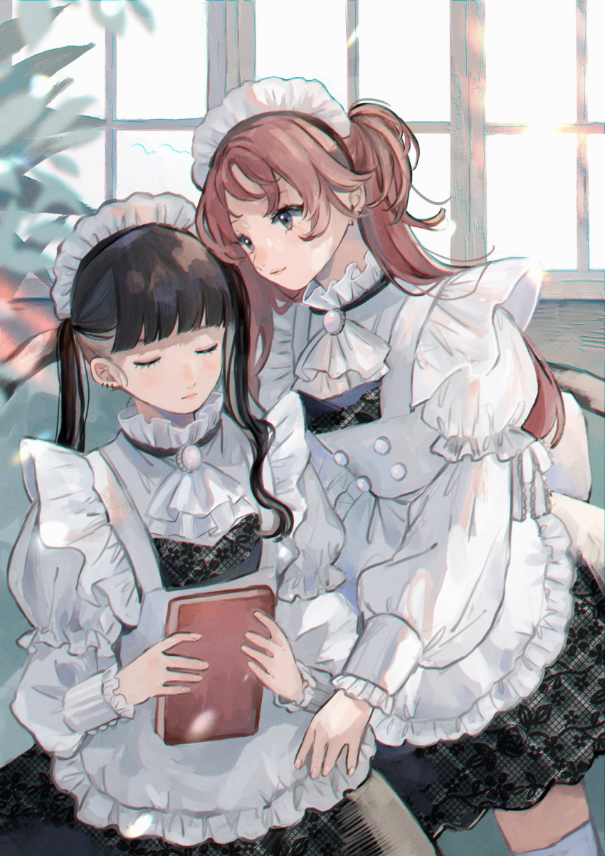 2girls apron ascot black_hair book chromatic_aberration closed_eyes closed_mouth colored_inner_hair dress ear_piercing earrings grey_eyes grey_hair high_collar highres holding holding_book indoors inkya_gyaru_demo_ikigaritai! jewelry kashiwagi_tsukiko kuran_arisa long_hair long_sleeves maid_headdress multicolored_hair multiple_girls ogino_ichiko piercing pink_hair plant puffy_sleeves thighhighs twintails two-tone_hair two_side_up white_apron white_ascot white_dress white_thighhighs window zettai_ryouiki