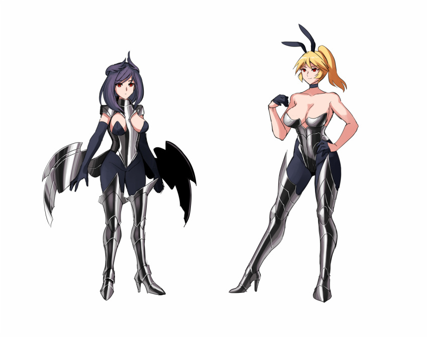 2girls animal_ears armor armpits ass_visible_through_thighs bikini_armor blonde_hair blue_footwear boots breasts cape choker cleavage cloak corruption fake_animal_ears gloves grey_eyes high_heel_boots high_heels large_breasts leotard long_hair medium_hair metal_wings multiple_girls original pantyhose playboy_bunny ponytail red_eyes reference_sheet sketch smile thick_thighs thighs transformation uns_(sdsxsoverlord)