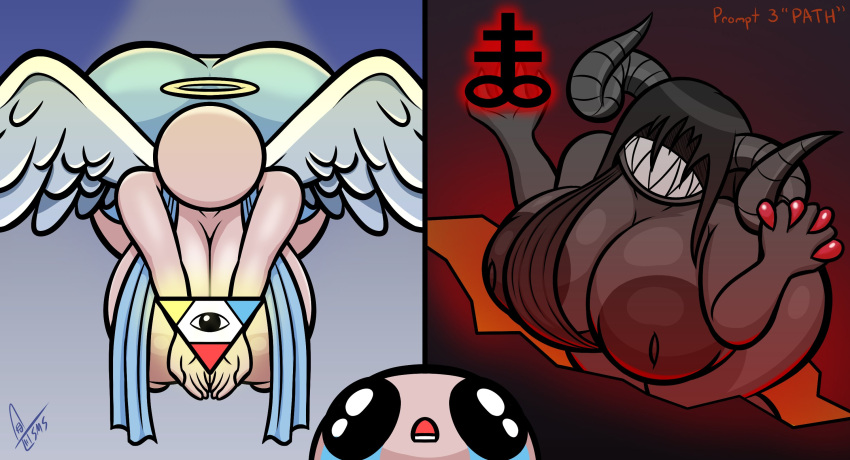 angel areola beady_eyes big_breasts big_butt black_eyes black_hair blue_scarf bodily_fluids breasts butt curved_horn demon demon_humanoid faceless feathered_wings feathers female godhead_(tboi) grey_areola grey_body grey_horn grey_nipples group hair hair_over_eyes halo hi_res horn horned_humanoid huge_breasts huge_butt human humanoid inverted_nipples isaac_(tboi) male mammal nipples open_mouth pink_areola pink_nipples scarf sharp_teeth smile supermoonshroom tan_body tan_skin tears teeth the_binding_of_isaac_(series) thick_thighs trio white_body white_feathers wide_hips winged_humanoid wings