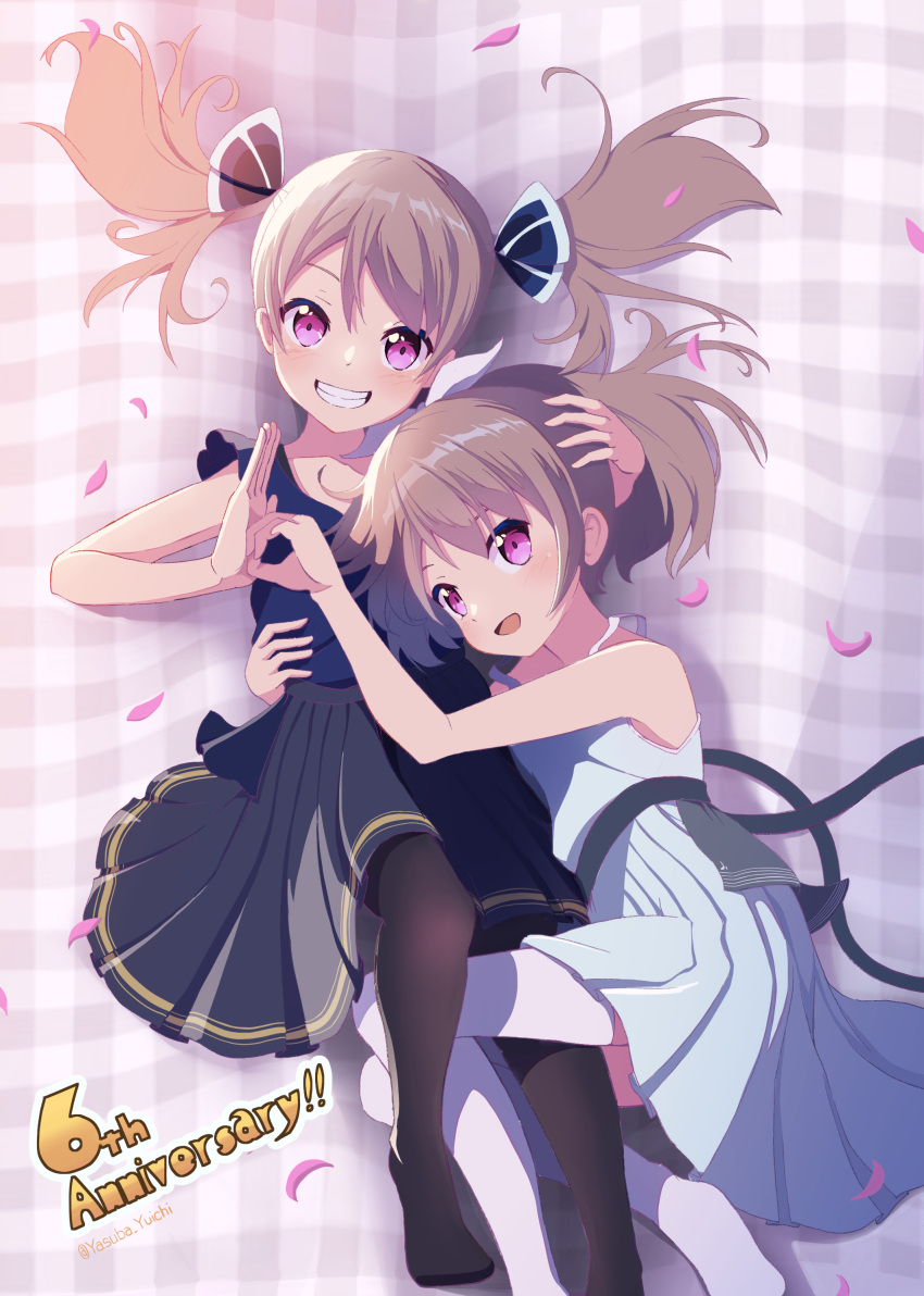 2girls :d absurdres anniversary arm_around_waist bare_arms black_ribbon black_skirt black_thighhighs blue_shirt blush brown_hair commentary_request eyebrows_hidden_by_hair foot_out_of_frame grin hair_between_eyes hair_ribbon hair_spread_out hand_up happy headpat highres hug knees_together_feet_apart looking_at_viewer lying medium_hair multiple_girls no_shoes on_back on_side open_mouth petals pink_eyes pleated_skirt raramagi ribbon shirt siblings sisters skirt sleeveless sleeveless_shirt smile thighhighs twins twintails twitter_username uzuki_manaka uzuki_sachi white_ribbon white_shirt white_skirt white_thighhighs yasuba_yuichi