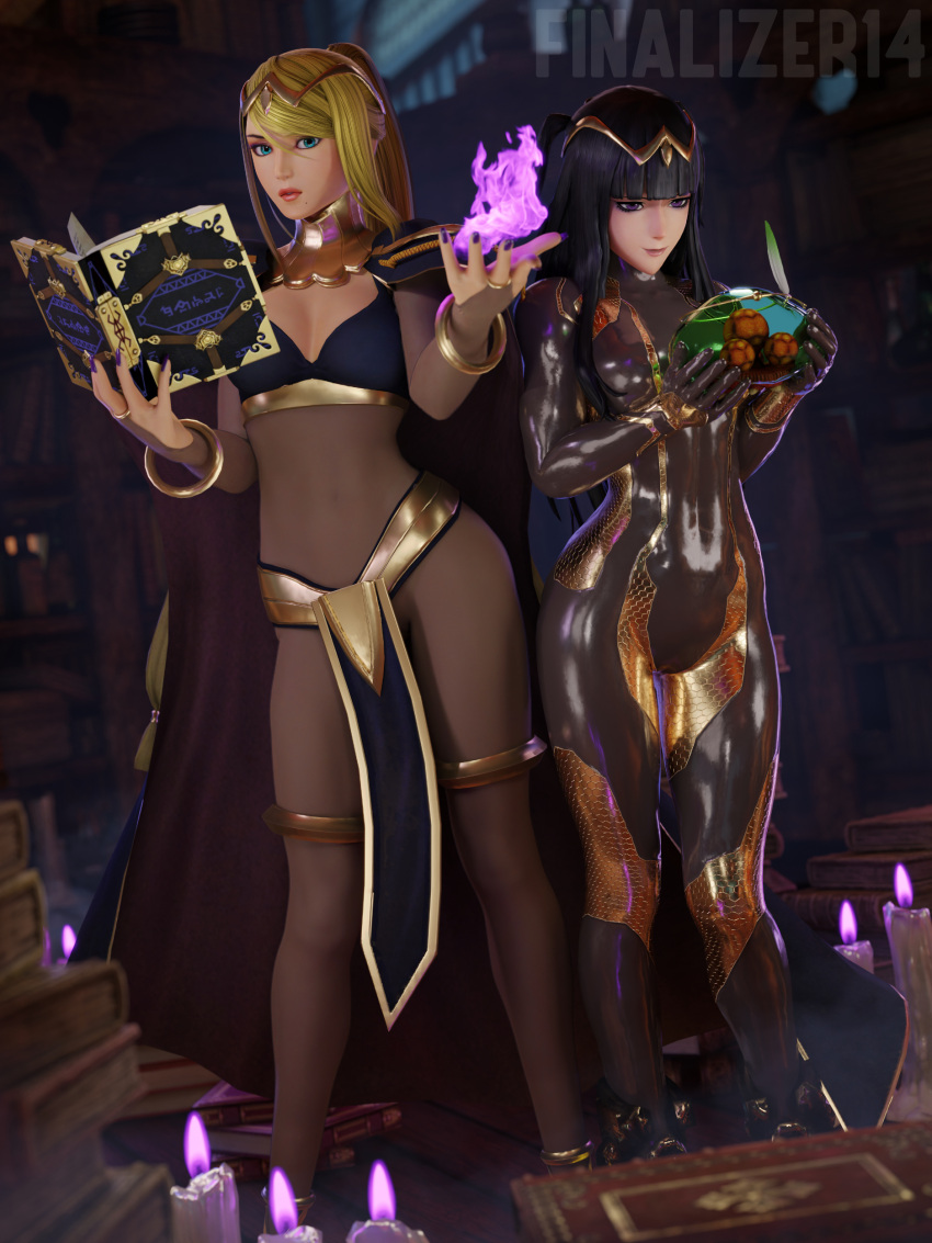 2girls 3d absurdres black_hair blonde_hair blue_eyes blunt_bangs bodystocking bodysuit book bracelet breasts bridal_gauntlets cape circlet cosplay covered_navel fire_emblem fire_emblem_awakening highres jewelry magic metroid metroid_(creature) multiple_girls nautilic samus_aran samus_aran_(cosplay) skin_tight tharja_(fire_emblem) tharja_(fire_emblem)_(cosplay) tiara two-tone_cape two_side_up zero_suit