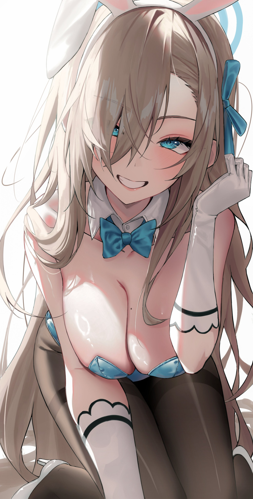 1girl absurdres animal_ears asuna_(blue_archive) asuna_(bunny)_(blue_archive) black_pantyhose blue_archive blue_eyes blue_halo blue_leotard breasts cleavage commentary_request fake_animal_ears g_gonor gloves grin hair_over_one_eye halo high_heels highres large_breasts leaning_forward leotard looking_at_viewer mole mole_on_breast official_alternate_costume pantyhose playboy_bunny rabbit_ears shiny_skin simple_background smile solo thighband_pantyhose white_background white_footwear white_gloves
