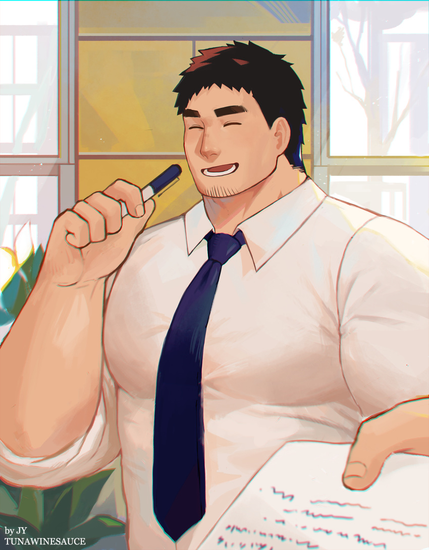 1boy alternate_pectoral_size bara black_hair closed_eyes collared_shirt facial_hair goatee_stubble highres holding holding_paper huge_pectorals male_focus mature_male muscular muscular_male necktie outstretched_hand paper pen reaching reaching_towards_viewer salaryman senpai_ga_uzai_kouhai_no_hanashi shirt short_hair sideburns smile solo stubble takeda_harumi_(shiromanta) thick_eyebrows tuna-jy upper_body