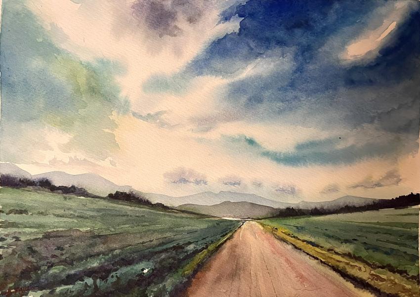 blue_sky cloud cloudy_sky day field highres mountain mountainous_horizon no_humans original painting_(medium) plant realistic road rural scenery shibakaka sky traditional_media