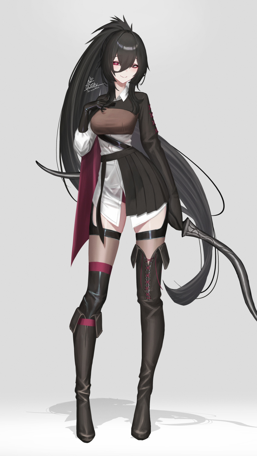 1girl absurdres asymmetrical_legwear black_eyes black_hair boots bow_(weapon) breasts fantasy full_body grey_background hair_between_eyes hand_on_own_chest heterochromia highres holding holding_bow_(weapon) holding_weapon ikasamahideo knee_boots long_hair medium_breasts original ponytail red_eyes shadow signature single_knee_boot single_thigh_boot smile solo standing thigh_boots uneven_legwear very_long_hair weapon