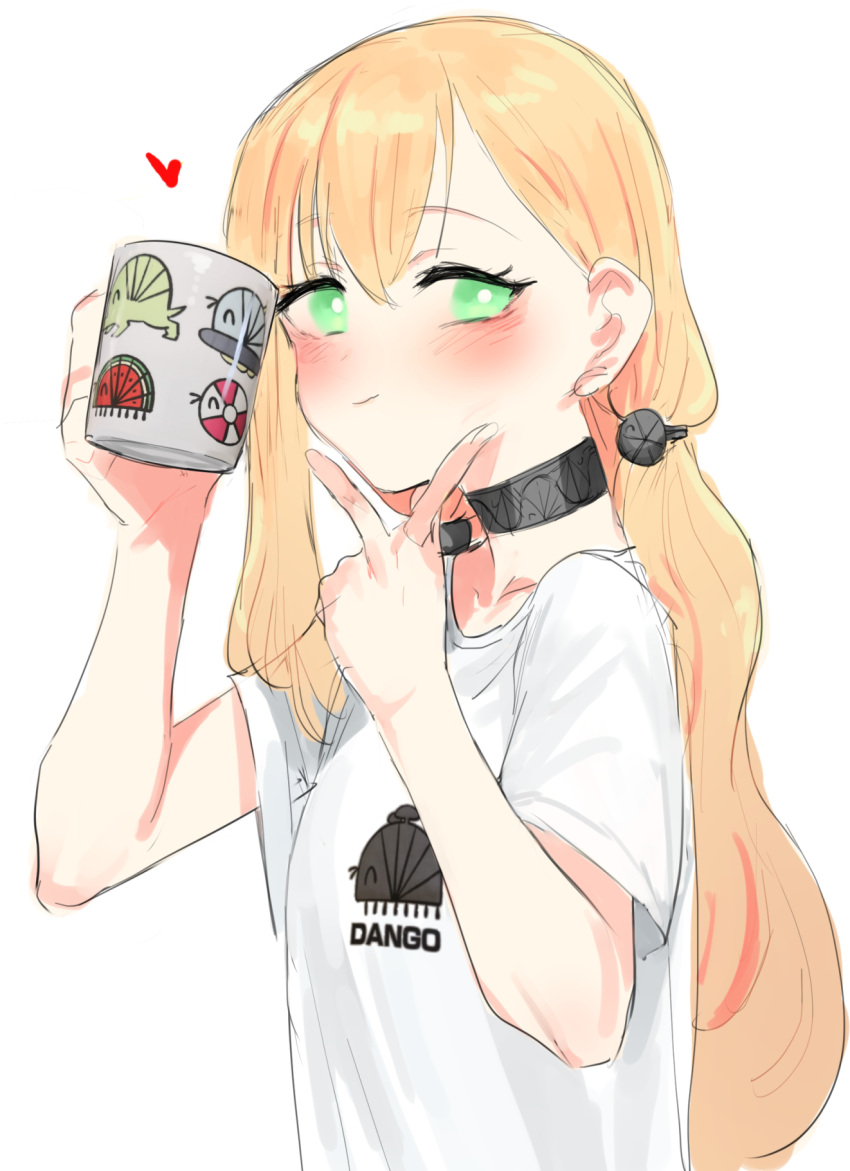 1girl blonde_hair blush choker coffee_mug cup green_eyes hair_between_eyes hair_bobbles hair_ornament heart highres insect_hair_ornament long_hair matangomu-chan mug original pillbug shirt simple_background suisogenshi t-shirt v white_background