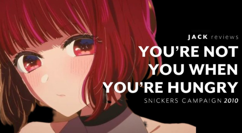 1girl arima_kana commentary english_commentary english_text joysamalaugh non-web_source oshi_no_ko red_eyes red_hair snickers_(brand) solo third-party_edit