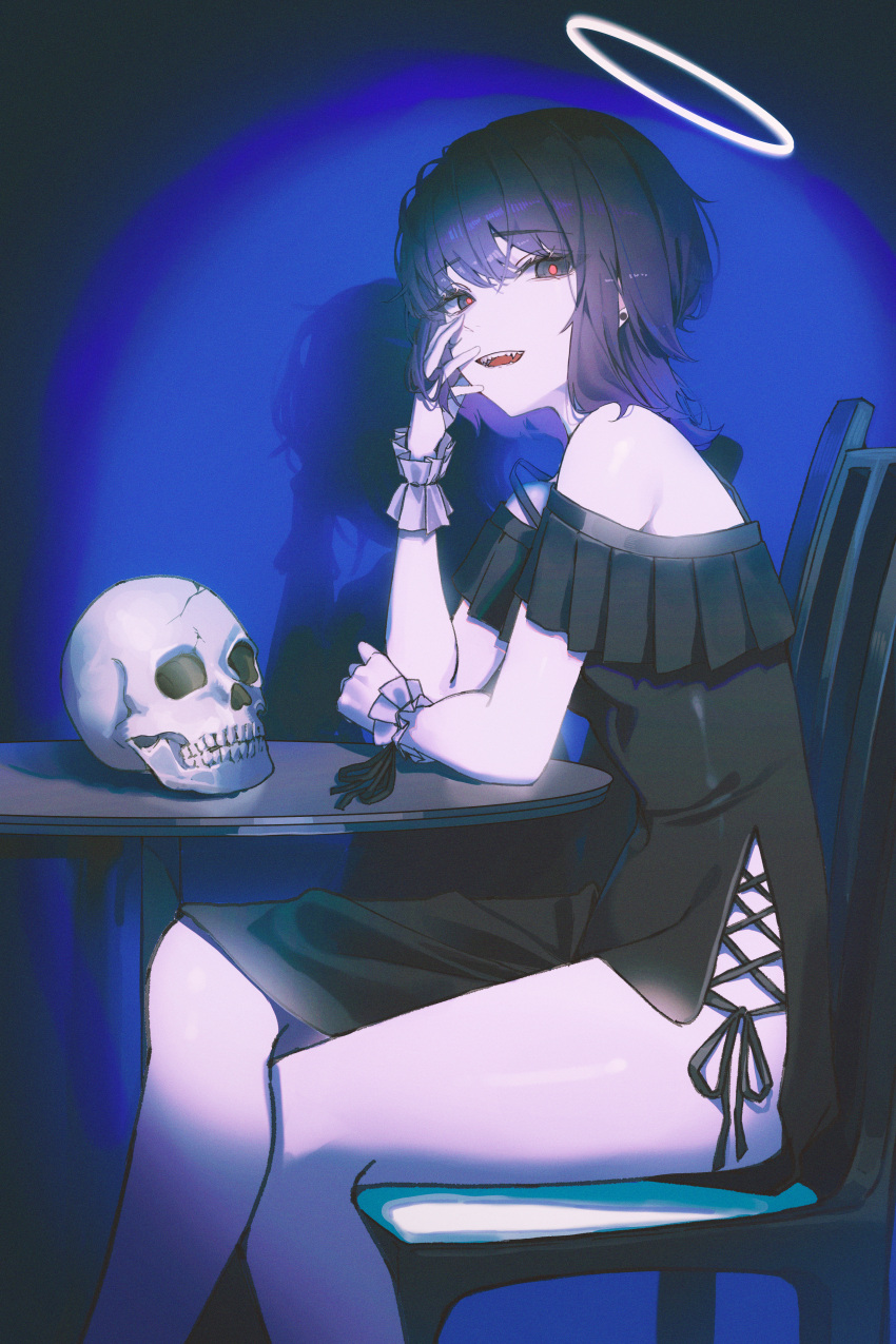 1girl absurdres arm_rest bare_shoulders black_dress black_eyes blue_background blue_hair breasts bright_pupils crossed_legs domi_(hongsung0819) dress earrings fangs frilled_cuffs from_side halo hand_on_own_face highres jewelry looking_at_viewer on_chair open_mouth original red_pupils shadow short_hair side_slit sitting skull solo spotlight strap_slip wrist_cuffs