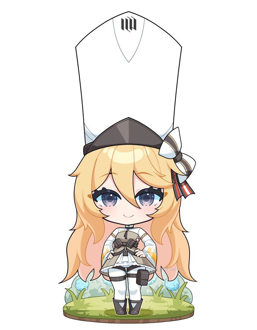 1girl absurdres blonde_hair blue_eyes bow chibi dress frilled_dress frills girls'_frontline grass hair_between_eyes hands_on_own_hips highres kolibri_(girls'_frontline) large_hat long_hair looking_at_viewer pantyhose pouch rynzfrancis smile solo thigh_pouch thigh_strap twitter_username very_long_hair white_background white_headwear white_pantyhose wide_sleeves