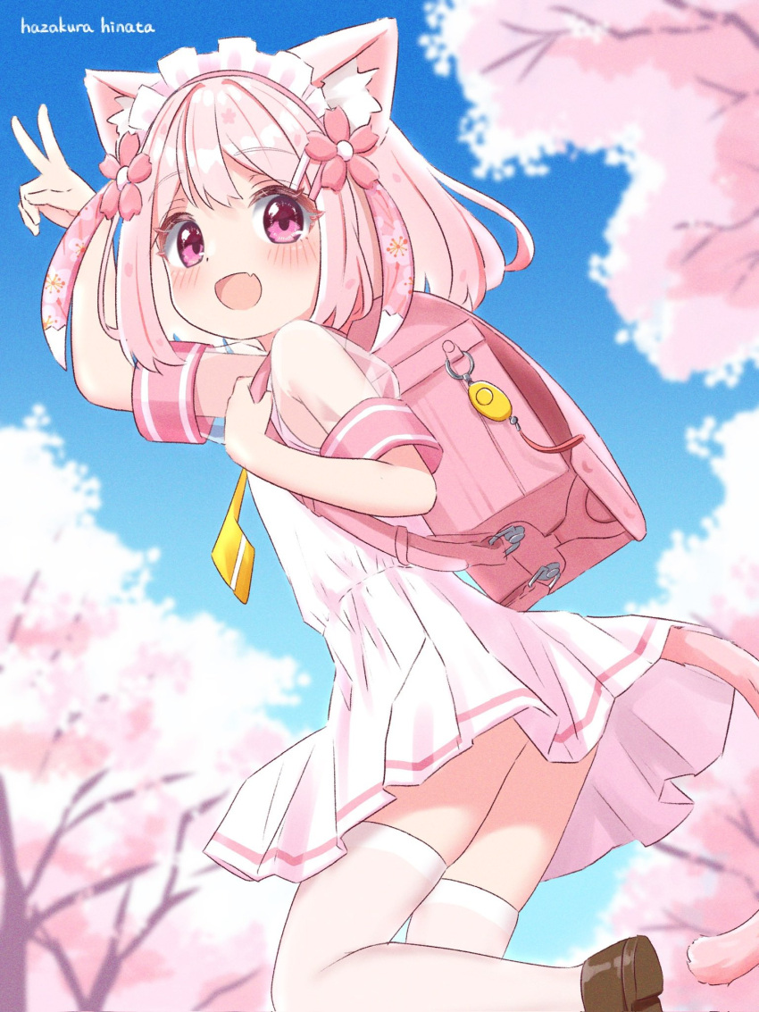 1girl animal_ear_fluff animal_ears arm_up artist_name backpack bag brown_footwear cat_ears cat_girl cat_tail cherry_blossoms crime_prevention_buzzer dress flower from_behind hair_flower hair_ornament hairclip hazakura_hinata highres leg_up looking_back maid_headdress open_mouth original outdoors pink_dress pink_eyes pink_hair pleated_dress randoseru school_uniform shoes short_hair short_sleeves smile solo standing standing_on_one_leg tail thighhighs thighs tree v white_thighhighs