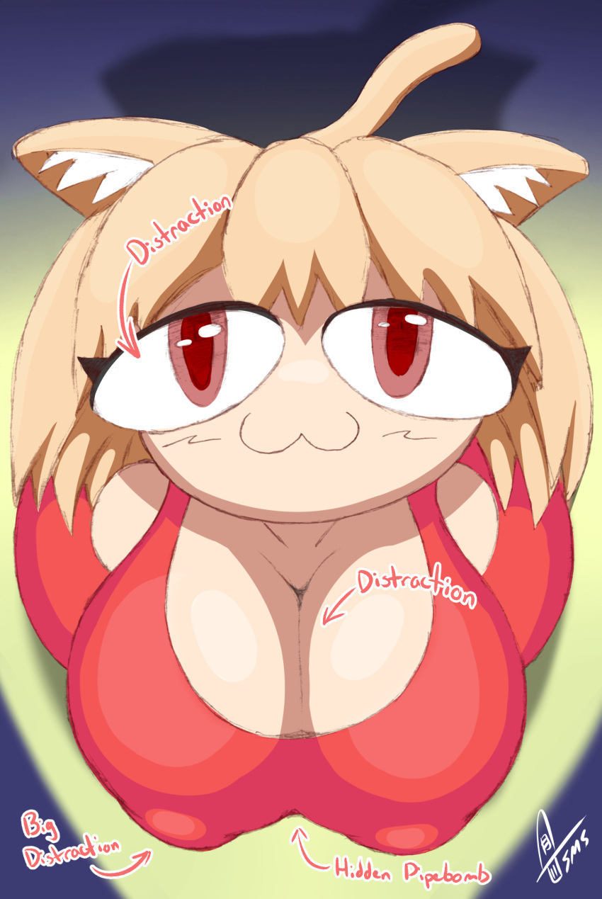 absurd_res animal_ears animal_humanoid animal_tail big_breasts blonde_hair blush blush_lines breasts cat_humanoid cat_smile cleavage clothed clothing dress eyelashes felid felid_humanoid feline feline_humanoid female fur hair hi_res huge_breasts humanoid looking_at_viewer mammal mammal_humanoid neco-arc nipple_outline pink_clothing pink_dress red_eyes solo supermoonshroom tan_body tan_fur tan_skin text tsukihime type-moon