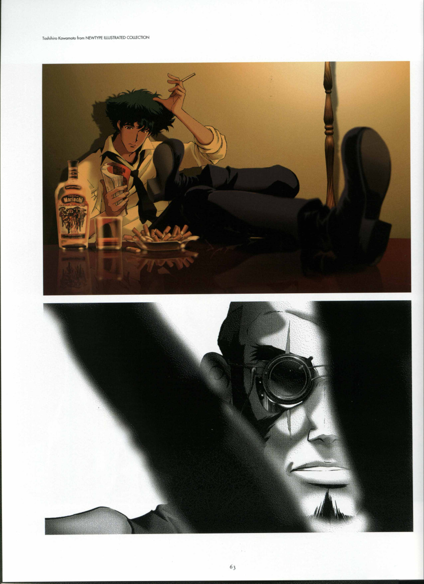 2boys absurdres bald beard bottle cigarette cowboy_bebop facial_hair highres holding holding_cigarette jet_black magazine_(object) multiple_boys necktie official_art scan scar scar_across_eye shirt spike_spiegel spiked_hair sunglasses