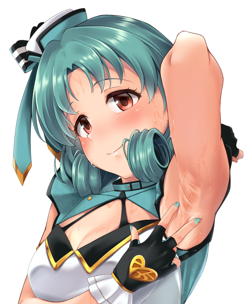 armpit_focus armpits black_gloves curly_hair gloves green_hair hat highres idolmaster idolmaster_million_live! nail_polish nishi_(count2.4) presenting_armpit spread_armpit sweat sweaty_armpits tokugawa_matsuri top!_clover_(idolmaster)