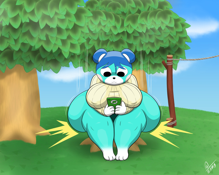 absurd_res animal_crossing anthro bear big_breasts big_butt black_eyes blue_body blue_fur blue_hair bluebear_(animal_crossing) bottom_heavy bottomless breasts butt clothed clothing dipstick_limbs electronics female front_view fur hair hi_res holding_object holding_phone huge_butt mammal nintendo nipple_outline phone rosy_cheeks short_hair sitting sitting_on_another solo supermoonshroom tan_clothing tan_sweater tan_topwear thick_thighs topwear white_body white_fur wide_hips