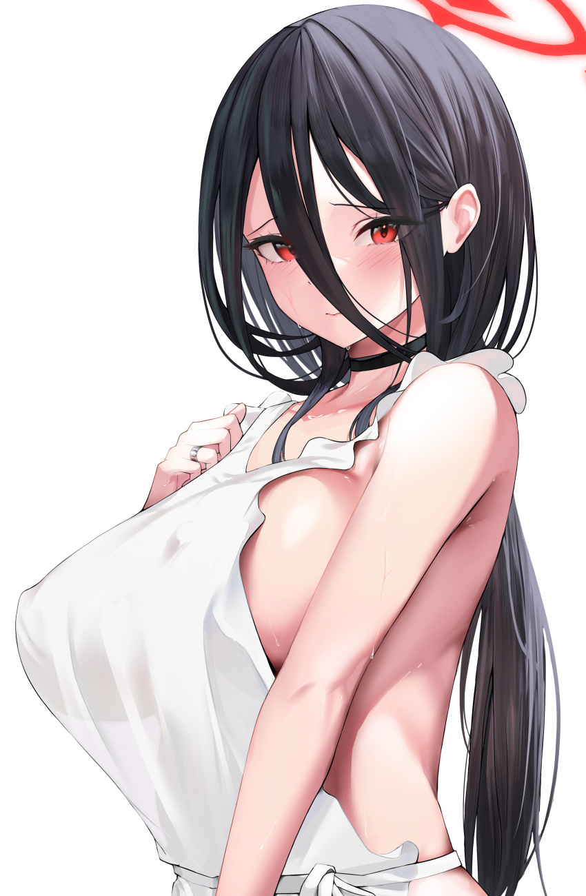 1girl absurdres amondo apron black_choker black_hair blue_archive blush breasts choker closed_mouth covered_nipples eyes_visible_through_hair hair_between_eyes halo hand_up hasumi_(blue_archive) highres huge_breasts jewelry long_hair looking_at_viewer naked_apron ponytail red_eyes red_halo ring sideboob simple_background solo sweat upper_body very_long_hair white_background