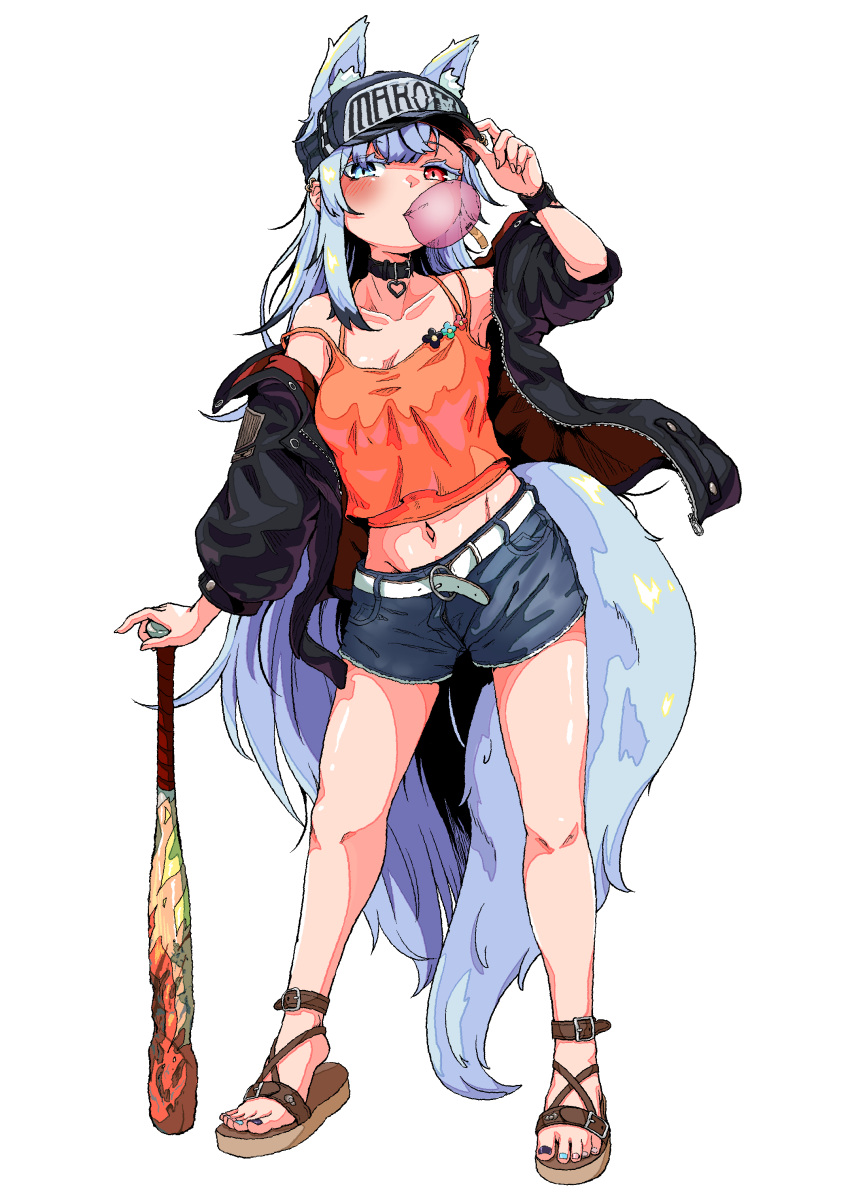 1girl absurdres animal_ear_fluff animal_ears arm_up baseball_bat baseball_cap belt black_jacket blowing_bubbles blue_hair blush breasts camisole chewing_gum choker denim denim_shorts duther_altyn feet fox_ears fox_girl fox_tail full_body hand_on_headwear hat heterochromia highres indie_virtual_youtuber jacket large_breasts legs long_hair looking_at_viewer midriff nail_polish navel off_shoulder sandals short_shorts shorts solo standing strap_slip tail tange_kotoe thighs toes very_long_hair virtual_youtuber