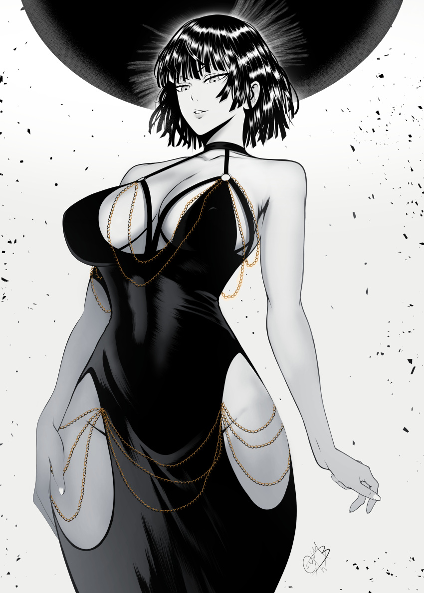 1girl absurdres black_dress black_hair breasts chain cleavage dress fubuki_(one-punch_man) gold_chain hand_on_own_thigh highres large_breasts light_particles looking_down monochrome mostlybluewyatt no_panties one-punch_man open_mouth short_hair simple_background solo standing