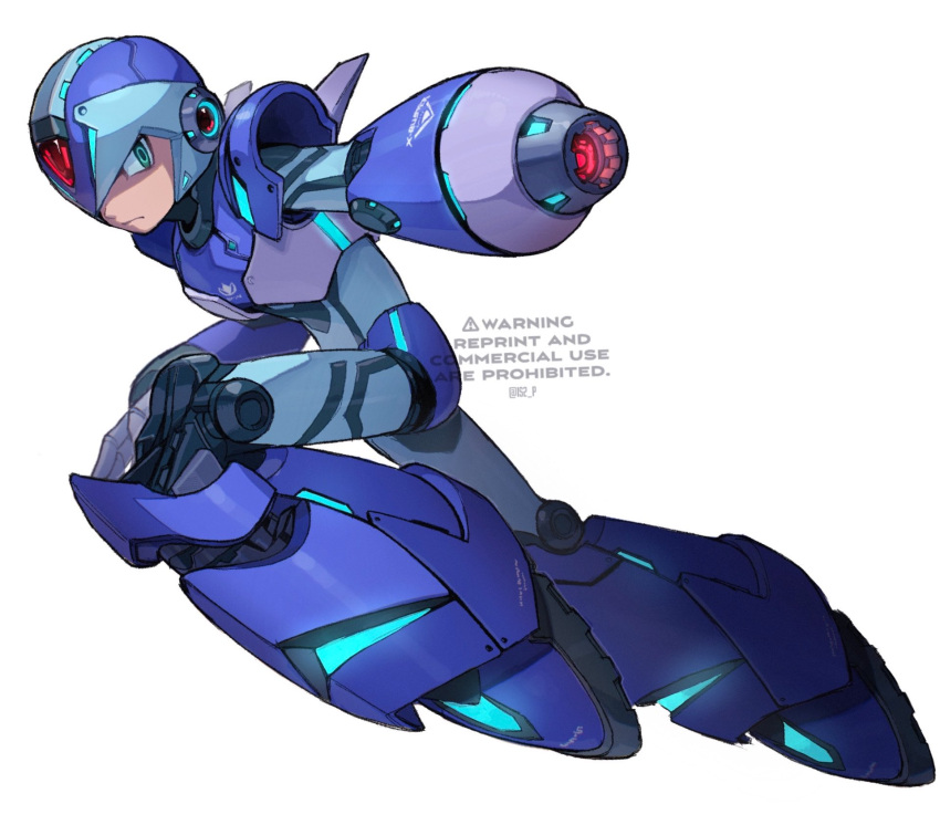 1boy adapted_costume android arm_cannon armor blue_armor blue_footwear blue_headwear boots forehead_jewel glowing green_eyes helmet highres mega_man_(series) mega_man_x_(series) neon_trim shoulder_armor simple_background solo tanaka_(is2_p) thrusters watermark weapon white_background x_(mega_man)