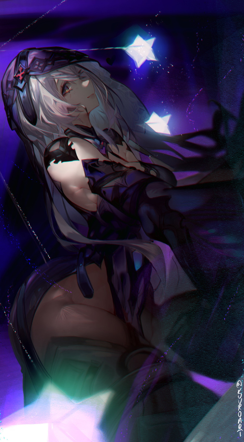 1girl absurdres bare_shoulders black_(blackfallsensei) black_swan_(honkai:_star_rail) brown_pantyhose commentary dress grey_eyes grey_hair highres honkai:_star_rail honkai_(series) long_hair looking_at_viewer pantyhose purple_dress solo veil very_long_hair