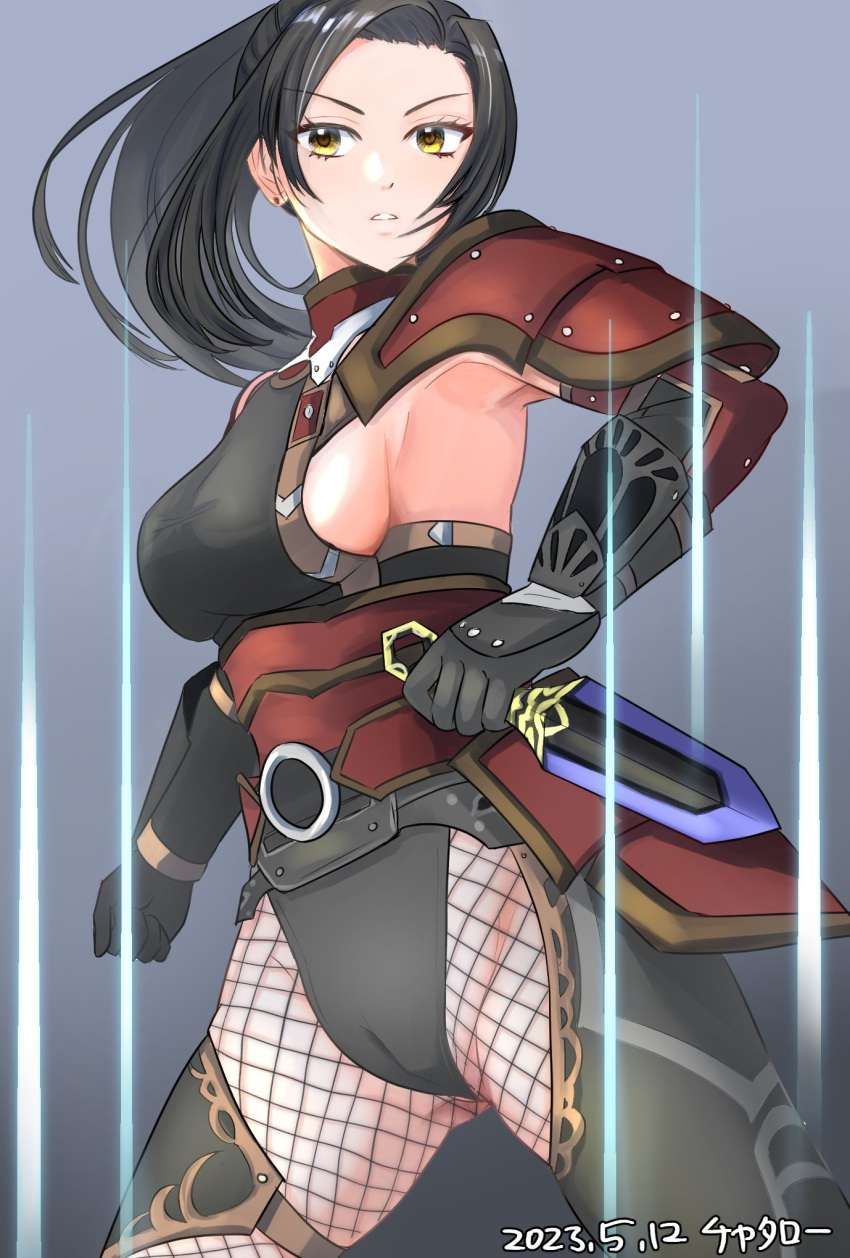 1girl 2023 adventurer_(ff11) artist_name black_gloves black_hair black_panties breasts cameltoe chatarou_bekkan dagger dated eyelashes final_fantasy final_fantasy_xi fishnet_pantyhose fishnets gloves gradient_background hair_intakes highres holding holding_dagger holding_knife holding_weapon hume knife long_hair medium_breasts panties pantyhose parted_lips ponytail scorpion_harness sideboob solo underwear weapon yellow_eyes