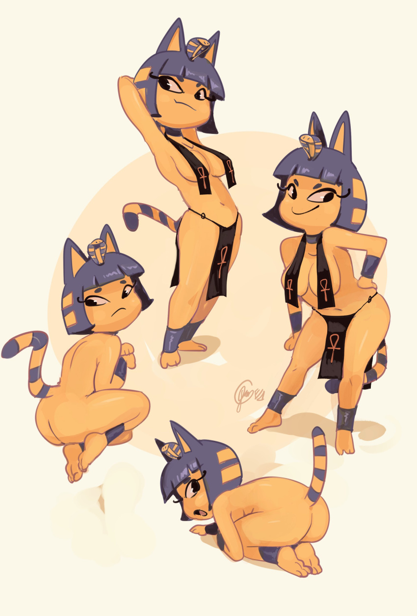 1girl :&lt; absurdres all_fours animal_crossing animal_ears ankh ankha_(animal_crossing) armpits arms_up ass bob_cut breast_curtains breasts cat_ears cat_girl cat_tail colored_skin completely_nude edtropolis furry furry_female hair_ornament hand_on_own_hip highres looking_at_viewer nude pelvic_curtain smile snake_hair_ornament striped_tail tail yellow_fur yellow_skin