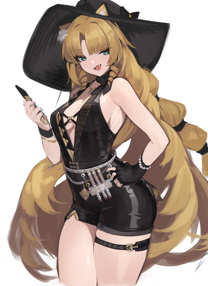 1girl :d absurdres animal_ears arknights black_hat blonde_hair blue_eyes blue_nails breasts cowboy_shot drill_hair ears_through_headwear fang fingerless_gloves gloves green_eyes hand_on_own_hip highres long_hair mari0ball medium_breasts simple_background single_glove smile solo standing swire_(arknights) swire_the_elegant_wit_(arknights) thigh_strap tiger_ears very_long_hair white_background