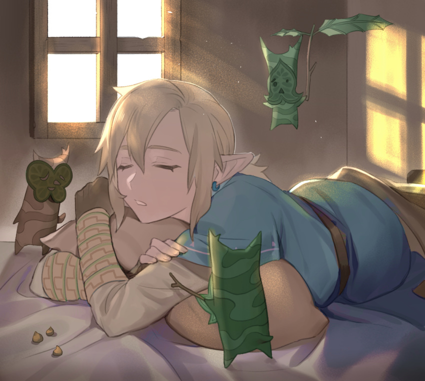1boy belt bishounen blonde_hair blue_tunic brown_belt closed_eyes commentary_request creature earrings eyelashes hair_between_eyes indoors jewelry korok light_particles light_rays link lying male_focus on_bed on_stomach pillow pointy_ears solo sunlight the_legend_of_zelda the_legend_of_zelda:_breath_of_the_wild window yijiao