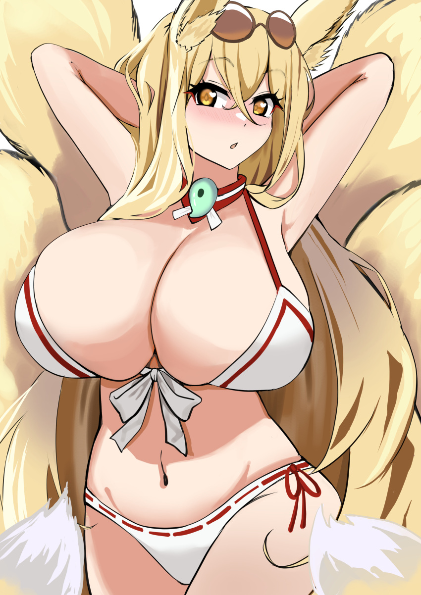 1girl :o absurdres adapted_costume animal_ear_fluff animal_ears armpits arms_behind_head bikini blush breasts cleavage cowboy_shot fox_ears fox_girl fox_tail groin highres hirume_of_heavenly_incense huge_breasts kitsune kyuubi last_origin long_hair looking_at_viewer multiple_tails navel orange_eyes pisagi presenting_armpit skindentation solo sunglasses swimsuit tail very_long_hair