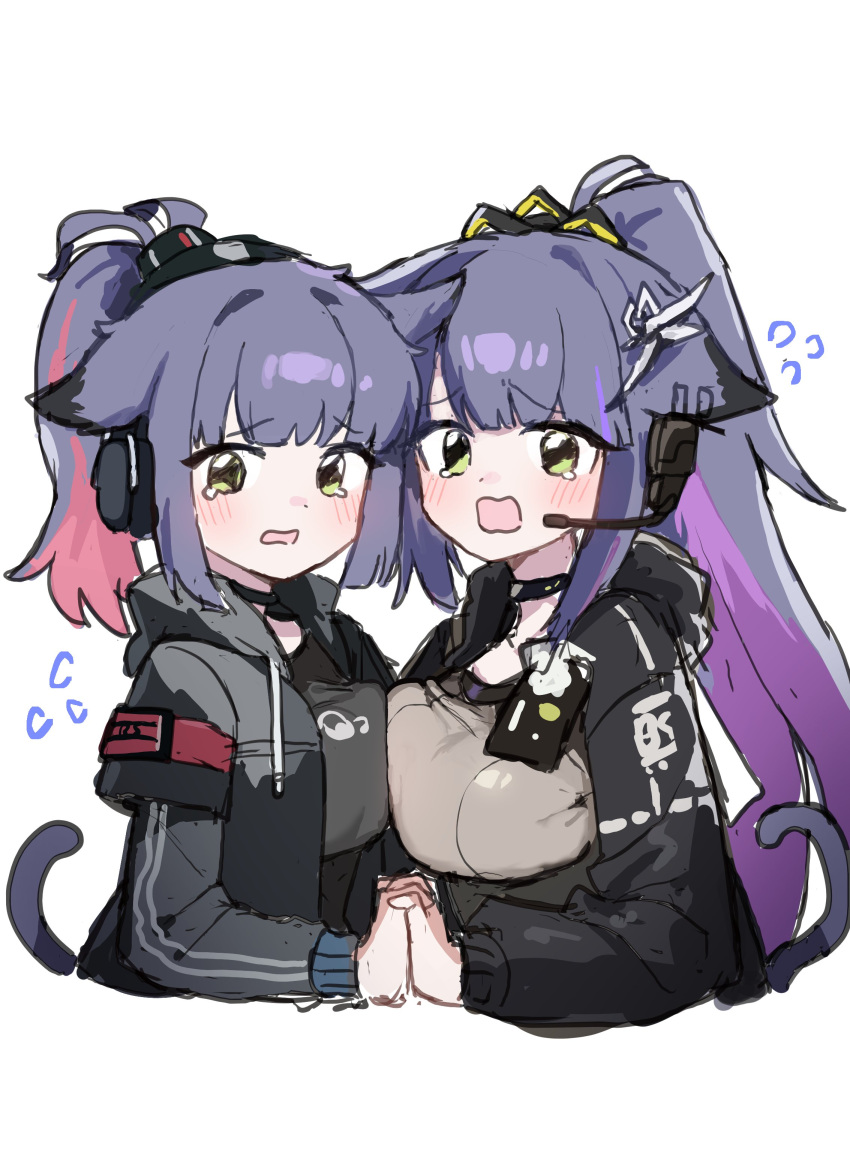 2girls absurdres animal_ears arknights asymmetrical_docking black_choker black_jacket blush breast_press breasts cat_ears cat_girl cat_tail choker cropped_torso embarrassed flower green_eyes grey_jacket grey_shirt hair_flower hair_ornament headset high_ponytail highres holding_hands jacket jessica_(arknights) jessica_the_liberated_(arknights) large_breasts long_hair long_sleeves medium_breasts multicolored_hair multiple_girls open_clothes open_jacket open_mouth pink_hair purple_hair shirt sidelocks simple_background tail tearing_up time_paradox two-tone_hair upper_body white_background yanggaengwang