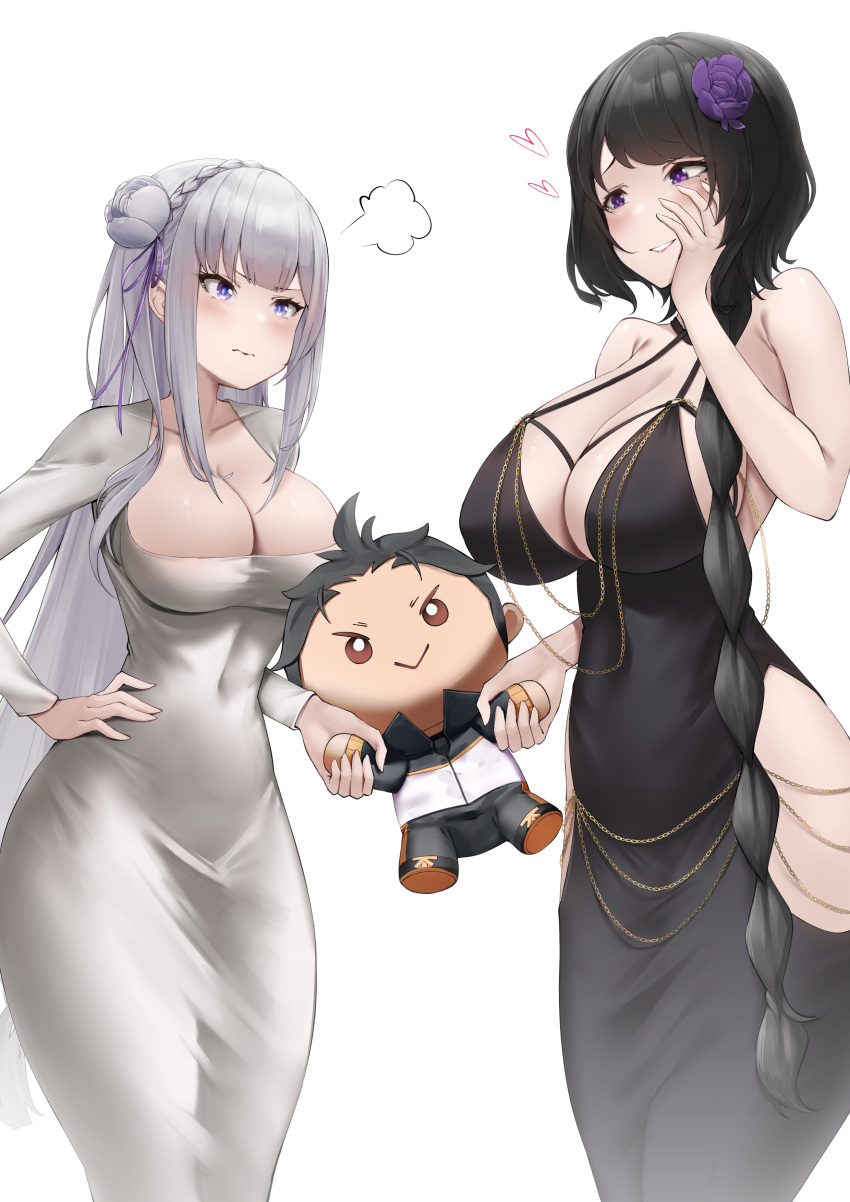 1boy 2girls absurdres alternate_costume annoyed backless_dress backless_outfit black_dress black_hair blush braid breasts chain cleavage cocktail_dress collarbone commission commissioner_upload covered_navel crown_braid dongtan_dress dress elf elsa_granhilte emilia_(re:zero) flower gold_chain grey_dress grey_hair hair_flower hair_ornament hair_ribbon hand_on_own_hip heart highres hip_vent holding holding_stuffed_toy irkawaza jacket knee_up large_breasts long_hair long_sleeves mature_female meme_attire modakawa_dress mole mole_under_eye multiple_girls natsuki_subaru non-web_source open_mouth pointy_ears pout pulling purple_eyes purple_ribbon re:zero_kara_hajimeru_isekai_seikatsu ribbon rose scoop_neck short_hair smile staring stuffed_toy taut_clothes taut_dress tight_clothes track_jacket track_suit transparent_background white_flower white_hair white_rose