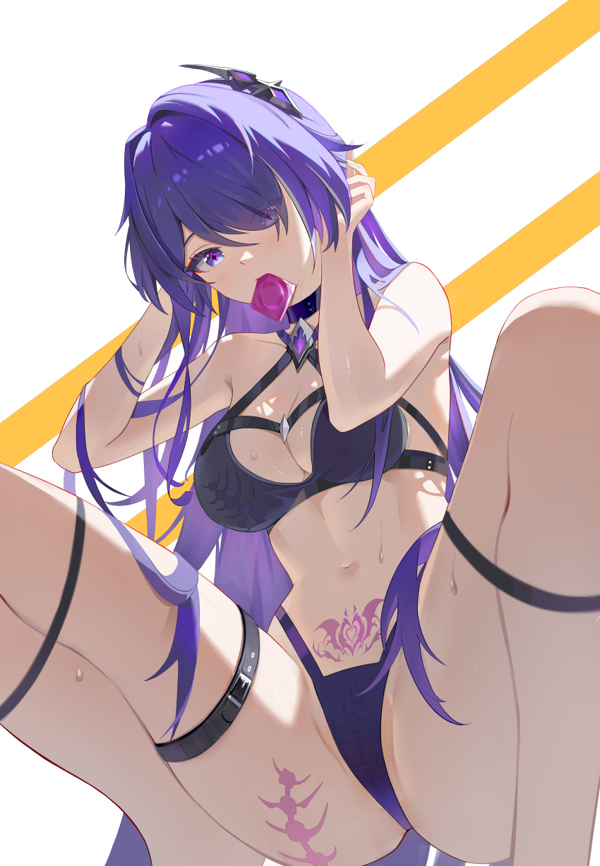 1girl absurdres acheron_(honkai:_star_rail) bare_arms bare_shoulders bikini black_bikini blhazx breasts cleavage commentary_request condom condom_wrapper hair_ornament hair_over_one_eye highres honkai:_star_rail honkai_(series) long_hair looking_at_viewer medium_breasts mouth_hold navel pubic_tattoo purple_eyes purple_hair revision simple_background solo squatting stomach swimsuit tattoo thigh_strap thighs very_long_hair white_background